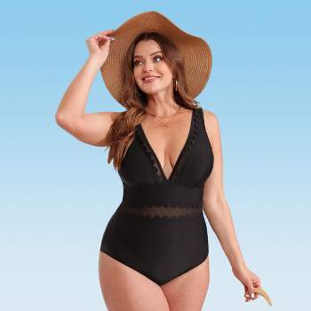 CUPSHE Plus Size Mesh V-neck Ruffled One Piece Swimsuit For Women