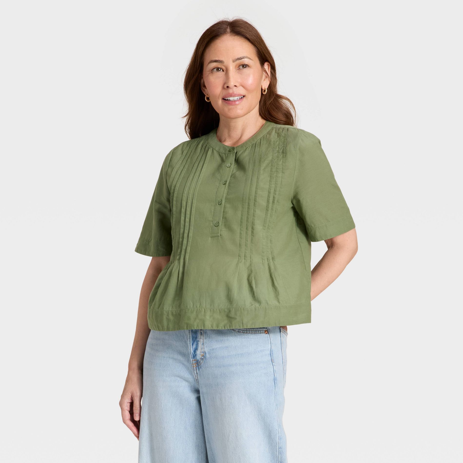 Women's Elbow Sleeve Button-Front Pintuck Blouse - Universal Thread™ Green M