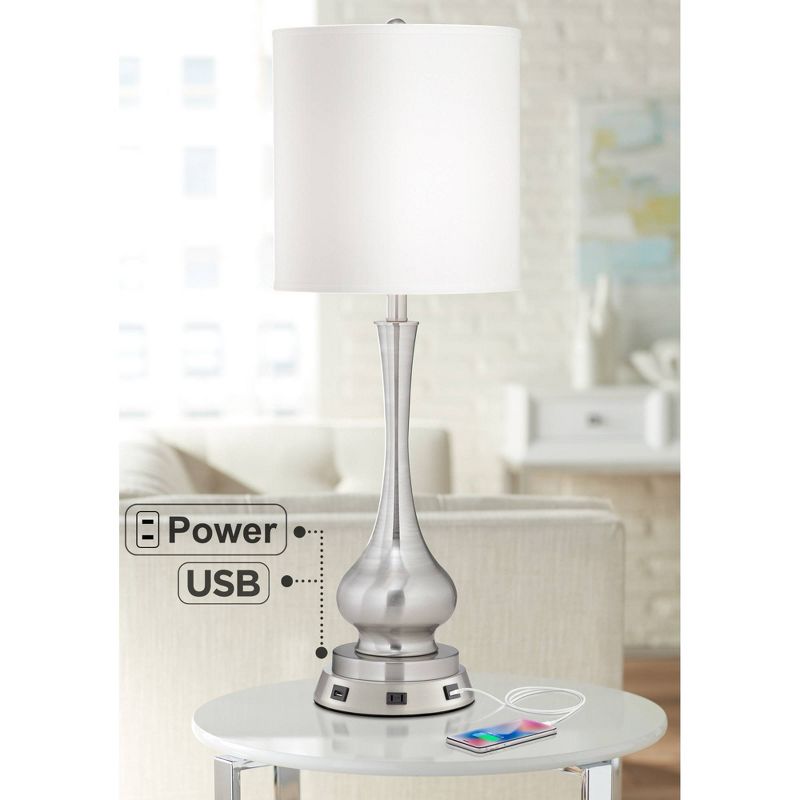 Possini Euro Design Modern Table Lamp 32" Tall Brushed Nickel with USB and AC Power Outlet Workstation Base White Shade for Bedroom Living Room House, 2 of 10