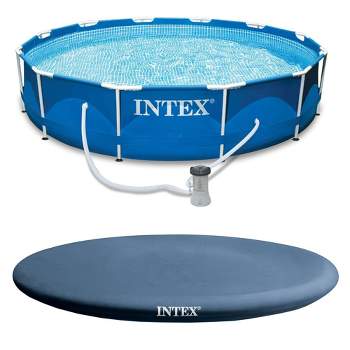 Intex 12 Foot x 30 Inch Round Metal Frame Above Ground Outdoor Swimming Pool Set with Filter Pump and Easy Set Round Vinyl Pool Cover, Blue