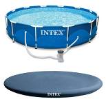 Intex 12 Foot by 30 Inch Metal Frame Round Above Ground Swimming Pool with Filter Pump and Easy Set Round PVC Vinyl Pool Cover