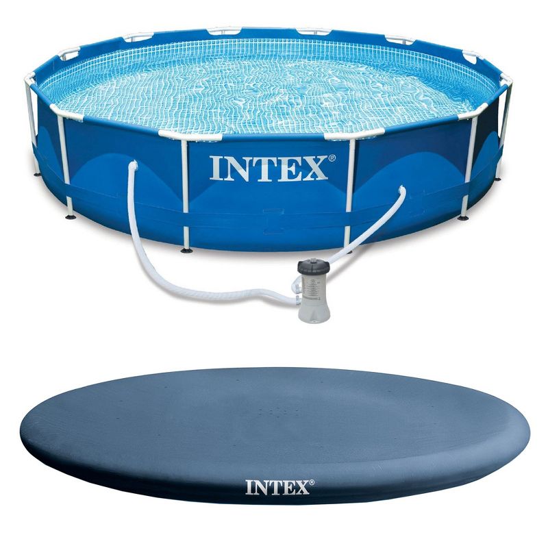 Intex 12 Foot x 30 Inch Round Metal Frame Above Ground Outdoor Swimming Pool Set with Filter Pump and Easy Set Round Vinyl Pool Cover, Blue, 1 of 8