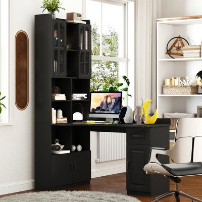 L Shaped Computer Desk With Hutch, Office Corner Desk with Drawer & Bookshelf, Study Table Writing Desk, Gaming Computer Desk for Study Room Black