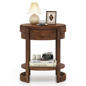 Tangkula 2-Tier Nightstand w/ Shelf & Wood Grains Drawer Round End Table for Living Room - 1 of 4