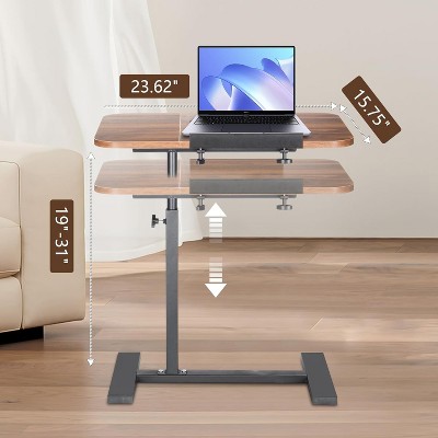 Adjustable overbed table with multiple height levels and two-tier wood surface