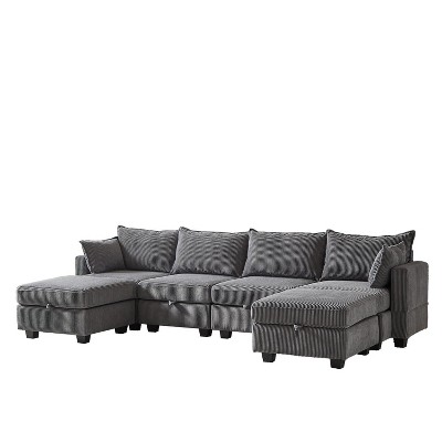 VYNXARIA 113.5 inch Modular Sectiona Corduroy Sofa,U Shaped Sectional Couch with Storage Ottoman,6 Seats Convertible Sectionals with Chaise,Dark Gray