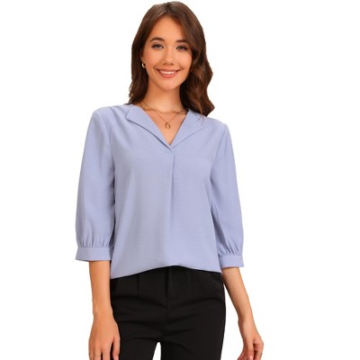 Allegra K Women's 3/4 Sleeve Ruched V Neck Casual Collar Relaxed Blouse