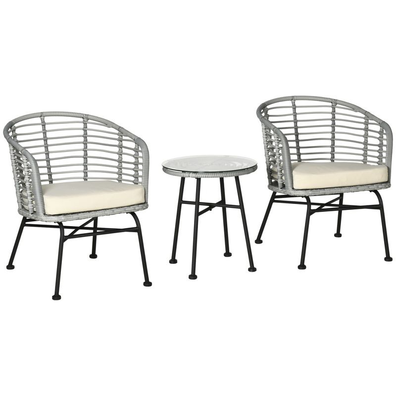 Outsunny 3-Piece Patio Rattan Chair and Table Furniture Set, Outdoor Bistro Set with Two Chairs and Coffee Table for Garden, or Backyard, 4 of 7