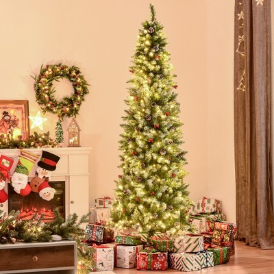Whisen 7.5FT Prelit Artificial Christmas Tree with Realistic Branches, Pine Cones, Red Berries and 1075 Tips - Green
