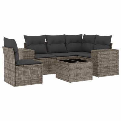 vidaXL 6 Piece Patio Sofa Set with Cushions Gray Poly Rattan - With Table