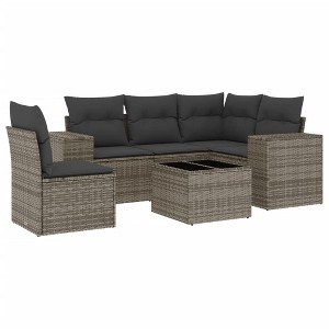 vidaXL 6 Piece Patio Sofa Set with Cushions Gray Poly Rattan - With Table - 1 of 4