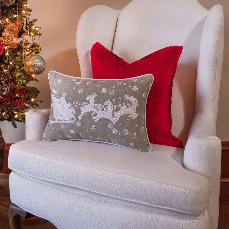 Indoor Christmas &#39;Santa Sleigh &#38; Reindeers&#39; Gray Rectangular Throw Pillow Cover  - Pillow Perfect, 6 of 8
