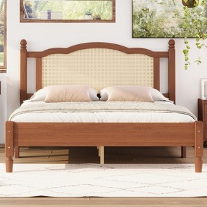 Queen/Full Size Wooden Platform Bed with Natural Rattan Headboard, Vintage Bed Frame with Wooden Slat Support 4B - ModernLuxe - 1 of 4