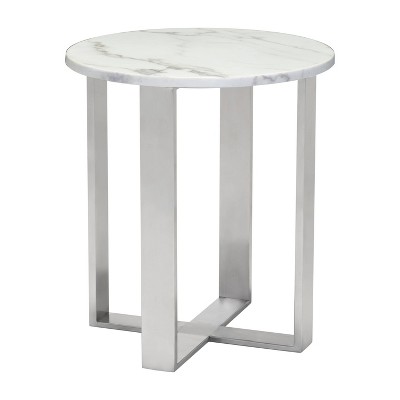 Modern Round Faux Marble Side Table - Stone, Brushed Stainless Steel - Zm Home