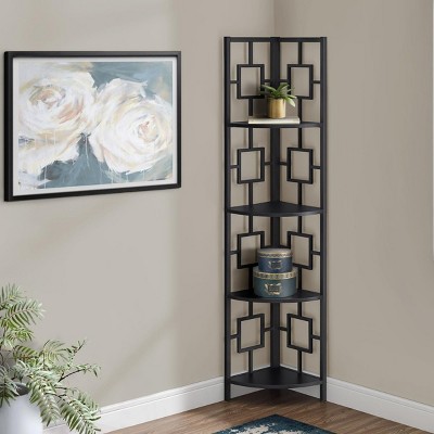INFURNIC Decorative Bookshelf 4 Tier Corner Etagere with Wooden Shelves and Sleek Metal Frame, Black, 17.5"*12.25"*61.5"