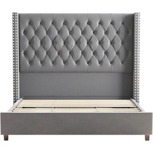 Bed Frame with 61.4" Headboard,Velvet Tufted and Handmade Pleat Deep Button - 1 of 4
