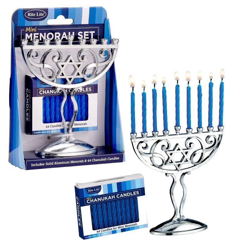 Rite Lite 45pc Classic Style Mini Hanukkah Menorah Set with Candles 4.75" - Silver/Blue, 3 of 5