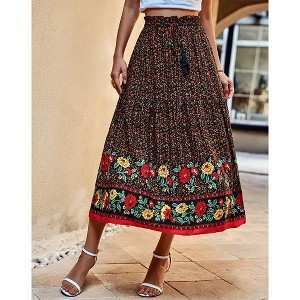 Women's Flowy A-Line Skirt Elastic Waist Floral Print Maxi Skirt with Drawstring Vacation Beach Skirt - 1 of 4