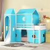 Full Loft Bed w/Slide & Curtains&Tower,Wood Castle Low Loft Bed Frame w/Tent,Wood Playhouse Bed w/roof,Windows&Fence Shaped Guardrails for Kids - 2 of 4