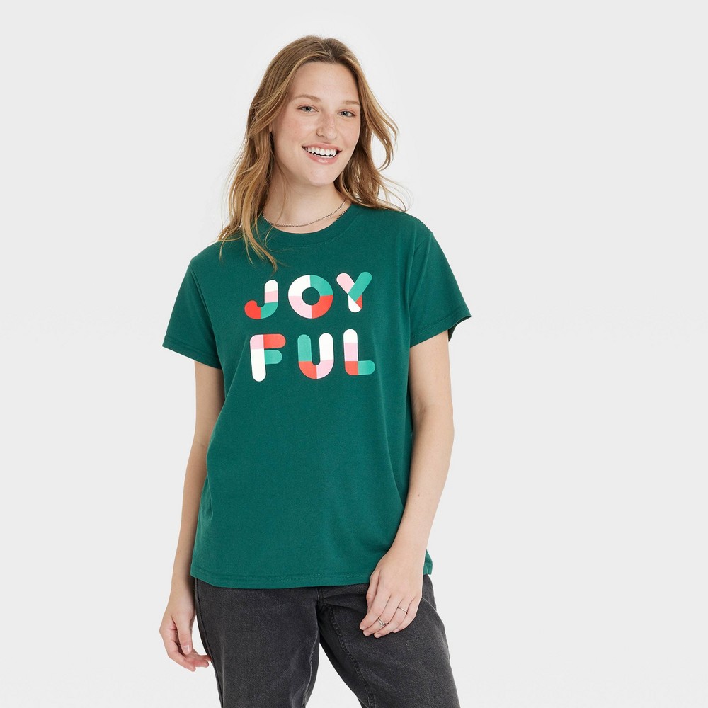 Women's Joyful Short Sleeve Graphic T-Shirt - Forest Green Large 