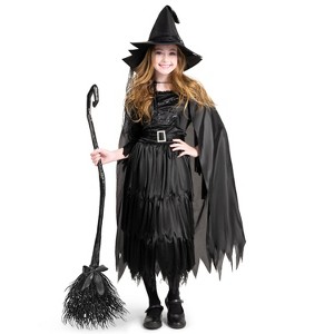 Joyfy Girls' Witch Costume Halloween, Gothic Sorceress Black Witch Dress with Broom and Hat for Girls Halloween Themed Parties - 1 of 4
