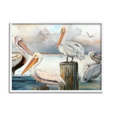 Stupell Industries Pelicans Perched Cloudy Horizon Framed Giclee