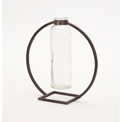 Elegant Gray 9" Glass Bouquet Vase with Metal Frame