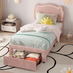 Twin Velvet Upholstered Bed Frame with Adjustable Headboard, Princess Platform Bed with Wooden Slats, No Box Spring Needed - 1 of 4
