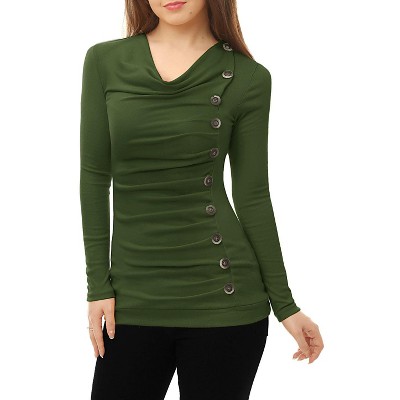 Women's Ruched Front Cowl Neck Blouse - Long Sleeve Button Detail Top