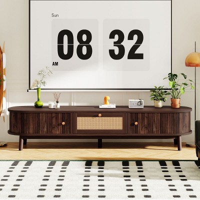 Modern TV Stand for 75" TVs,Solid Wood Media Console with Rattan Drawer & Sliding Doors,Entertainment Center–The Pop Home