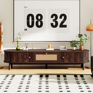 Modern TV Stand for 75" TVs,Solid Wood Media Console with Rattan Drawer & Sliding Doors,Entertainment Center–The Pop Home - 1 of 4