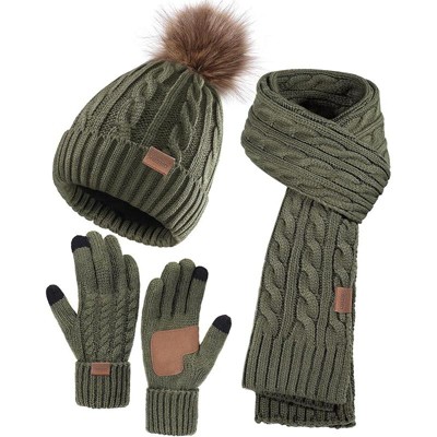 ZUPPAD Winter Hat Scarf Gloves Set for Women, 3 PCS Pom Pom Beanie Hat Touchscreen Glove Long Neck Kint Scarf Christmas Gifts