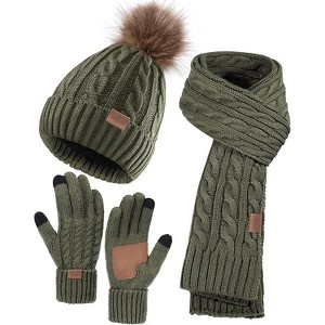 ZUPPAD Winter Hat Scarf Gloves Set for Women, 3 PCS Pom Pom Beanie Hat Touchscreen Glove Long Neck Kint Scarf Christmas Gifts - 1 of 4