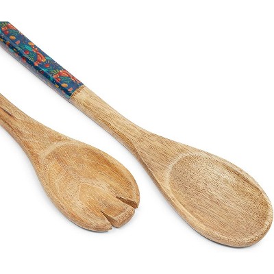 Juvale 2 Pack Wooden Kitchen Utensil Set with Rounded Fork & Solid Spoon, Floral Design, 12 in.