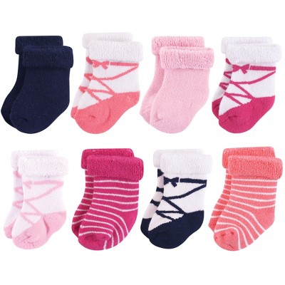 Image of Hudson Baby Infant Girl Cotton Rich Newborn and Terry Socks, Pink Ballet, 6-12 Months