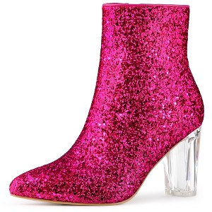 Allegra K Women's Zip Closure Pointed Toe Clear Block Heel Glitter Ankle Booties - 1 of 4
