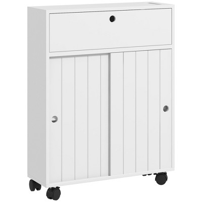 White Slim Bathroom Cabinet with Adjustable Shelving and Wheels