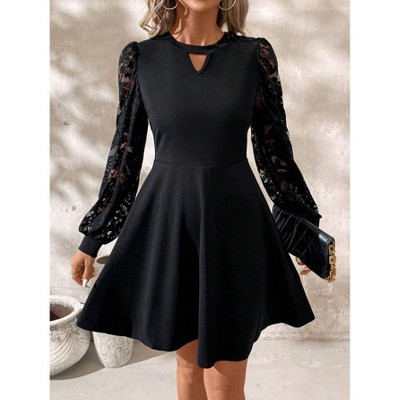 Women's Black Lace Long Sleeves Dress Chic Crew-Neck Waisted Cocktail Party Gowns Elegant A-Line Short Dresses