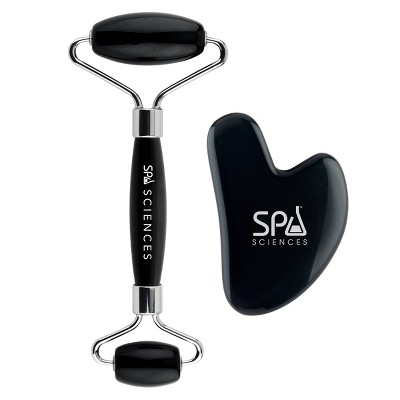 Spa Sciences Black Obsidian Gua Sha Stone & Roller Massage Tools for Facial Sculpting, Lymphatic Draining & Puffiness Reduction