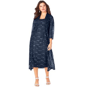 Roaman's Women's Plus Size Sequin Lace Jacket Dress - 1 of 4
