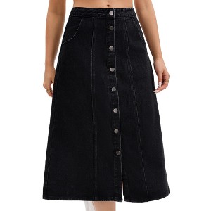 INSPIRE CHIC Women's Denim Button Down Front Slit High Waisted Pockets A Line Midi Skirts - 1 of 4