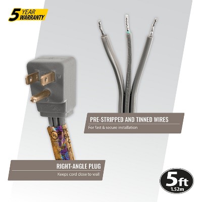 Certified 15-Amp Gray Appliance Power Cord with Right-Angle Plug, 5 Feet