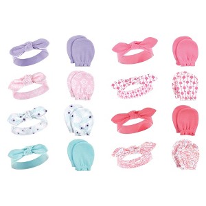 Hudson Baby Infant Girl 16Pc Cotton Headband and Scratch Mitten Set, Peacock Flamingo, 0-6 Months - 1 of 3