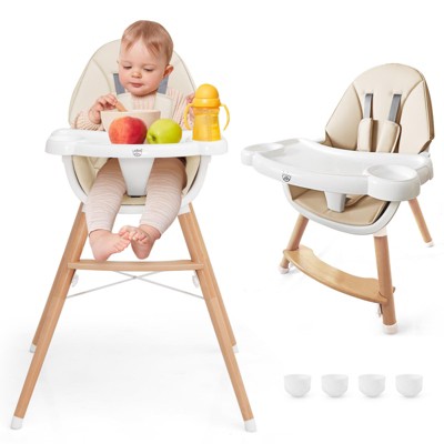 Infans Baby High Chair Wooden Feeding Chair w/ 4-Gear Tray & Removable Cushion