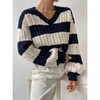 Coolmee Women's Cable Knit Sweaters Contrast Color Block Striped Sweaters Casual V Neck Long Sleeve Ribbed Cuff Loose Fit Pullover Tops L Blue - 3 of 4