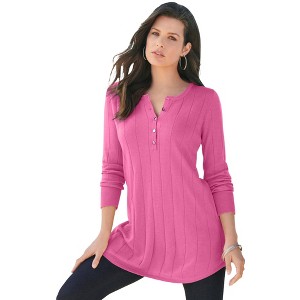 Roaman's Women's Plus Size Fine Gauge Drop Needle Henley Sweater - 1 of 4