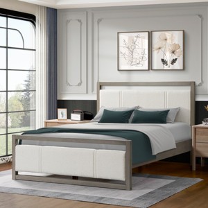 Upholstered Bed Frame With Ivory Boucle Fabric Headboard Queen King Minimalist Bed Frame,Wooden Double Bed Frame-Cuddlewood - 1 of 4
