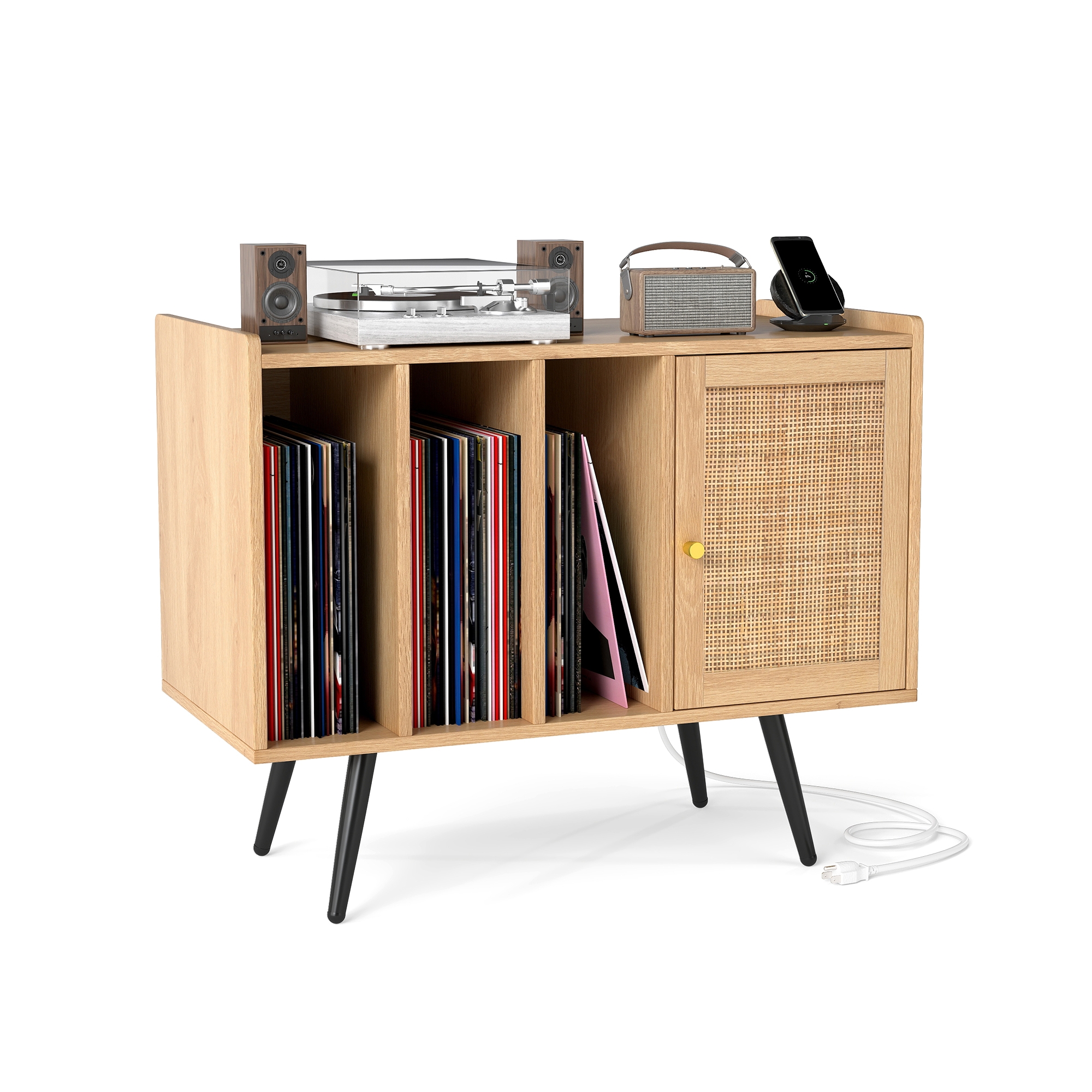 Costway Record Player Stand w/ Charging Station & Rattan Cabinet Adjustable Shelf