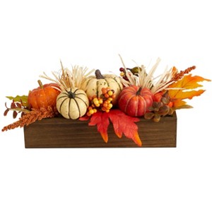 Nearly Natural 16-in Harvest Pumpkin and Berries Artificial Arrangement in Wood Vase - 1 of 4