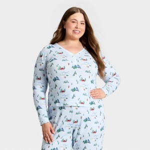 Women's "Tis the Ski-son!" Cozy Knit Long Sleeve Henley Holiday Matching Family Pajama Shirt - Wondershop™ Blue - 1 of 4